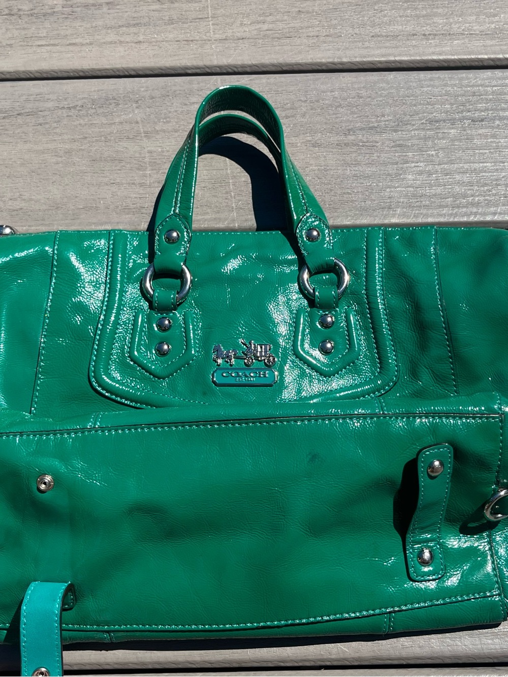 Coach; Emerald Green; Patent Leather; Duel Handle; Medium Satchel; Minimal Wear - Picture 7 of 15